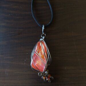 Orange Art Glass Wire Wrap Pendant Necklace Dangle Bead Boho Hippie Art to Wear